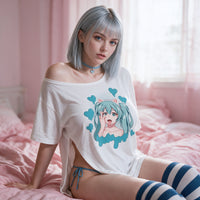 Ecchi Neko Girl Ahegao White Side Peek Top — seated with the shoulder pulled down