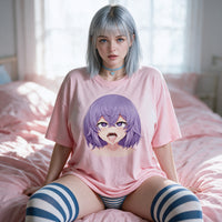Purple Ahegao pink oversized shirt — standing back view showing the plain reverse and hem length