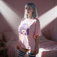 Purple Ahegao pink oversized shirt — seated front on, print shown full