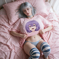 Purple Ahegao pink oversized shirt — standing in a hard shaft of afternoon light