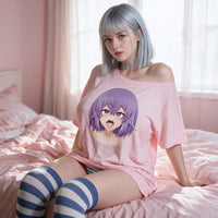 Purple Ahegao pink oversized shirt — seated with the shoulder pulled down