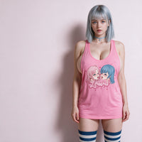 Yuri Hot Pink Racerback Tank Top — standing front against a plain wall, full print visible