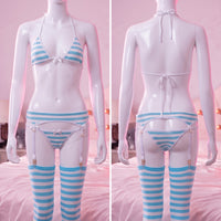 Blue Anime Lingerie Set front and back view with garter belt and striped socks - Lewd Fashion
