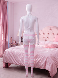 Lewd Pink Lingerie Set with pink striped thigh highs, back view on mannequin - Lewd Fashion