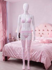 Lewd Pink Lingerie Set with pink striped thigh highs, front view on mannequin - Lewd Fashion