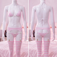 Lewd Pink Lingerie Set front and back view with garter belt and striped socks - Lewd Fashion