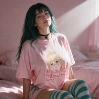 Yandere Crashout Pink Oversized Shirt — standing in a shaft of sunlight