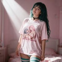 Spit In My Mouth Pink Oversized Shirt — Ecchi Edition — standing in window light