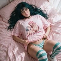 Spit In My Mouth Pink Oversized Shirt — Ecchi Edition — reclining on pink bedding