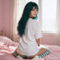 Kneeling on the bed seen from behind, showing the back of the white oversized shirt