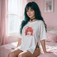 Tsundere Side Peek Top — seated front on in soft window light