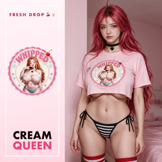 Whipped Pink Crop Top — Whipped Collection by LewdFashion, busty anime whipped cream cherry badge