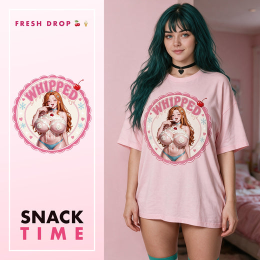 Whipped Pink Oversized Shirt — Whipped Collection by LewdFashion, busty anime whipped cream cherry badge