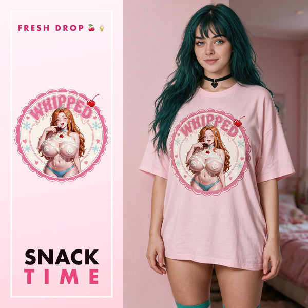 Whipped Pink Oversized Shirt — Whipped Collection by LewdFashion, busty anime whipped cream cherry badge