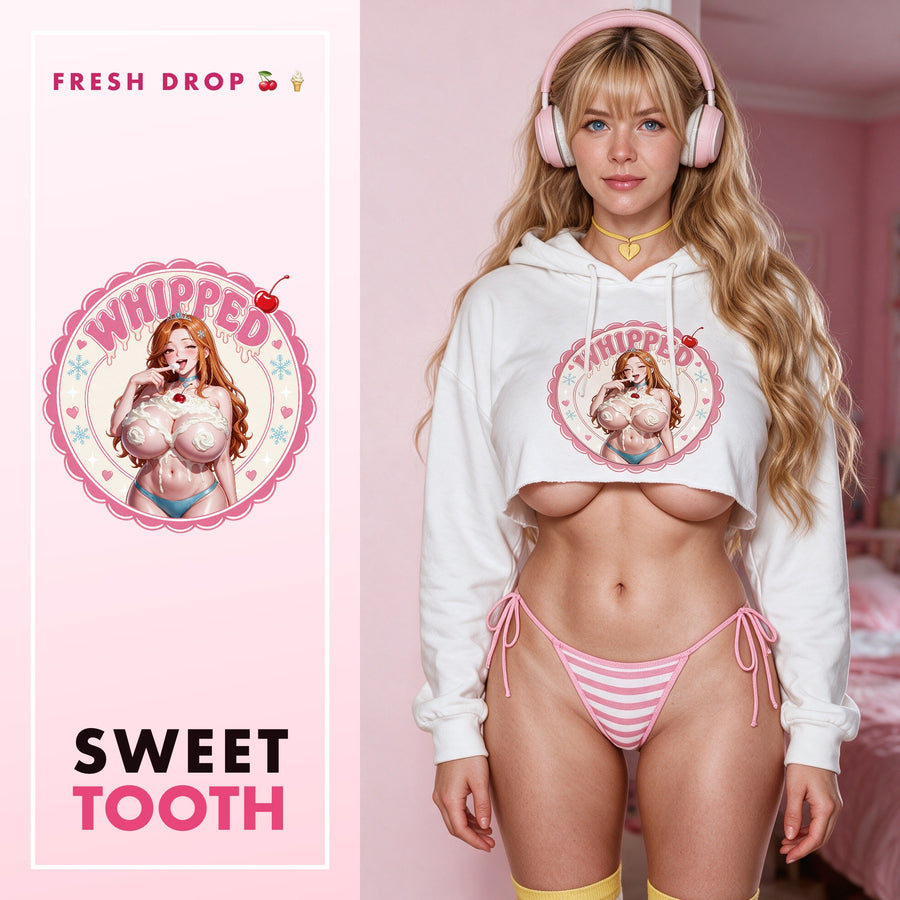 Whipped White Crop Hoodie — Whipped Collection by LewdFashion, busty anime whipped cream cherry badge