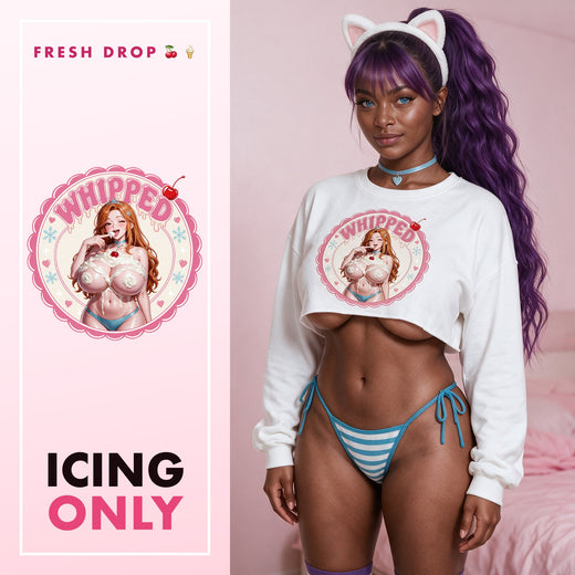 Whipped White Crop Sweatshirt — Whipped Collection by LewdFashion, busty anime whipped cream cherry badge