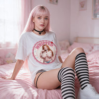 Whipped White Oversized Shirt on Sakura — whipped cream anime print white oversized shirt, look 2
