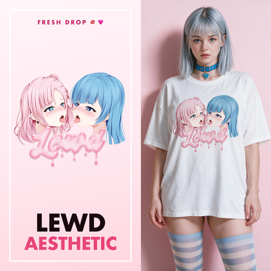 Yuri white oversized tee anime kiss print, Lewd Aesthetic master thumbnail