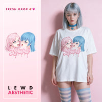 Yuri white oversized tee anime kiss print, Lewd Aesthetic master thumbnail