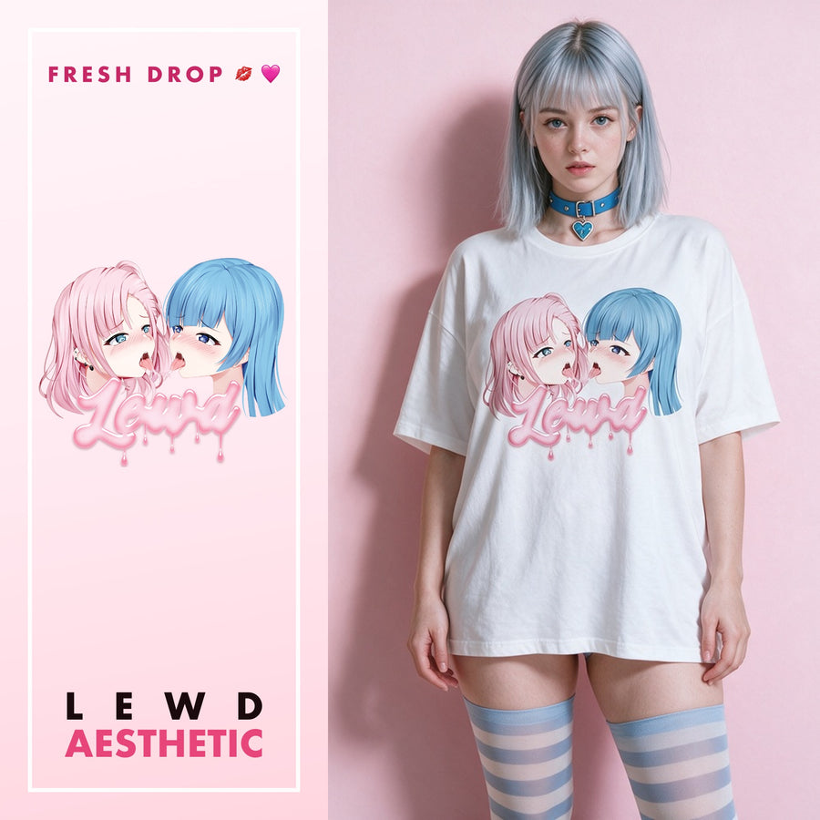 Yuri white oversized tee anime kiss print, Lewd Aesthetic master thumbnail