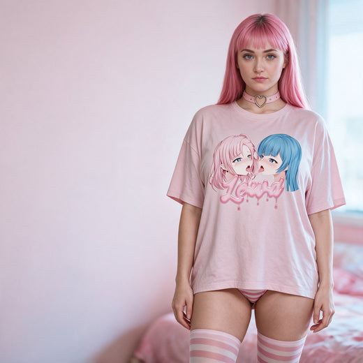 Yuri Pink Oversized Shirt by Lewd Fashion - pink oversized anime tee with the pink and blue yuri kiss print