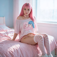 Yuri Pink Oversized Shirt seated by the window - pink yuri anime graphic oversized shirt