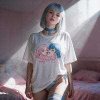 Yuri Tension Oversized Waifu Shirt standing in window light - oversized anime tee and blue striped thigh highs
