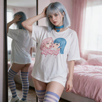 Yuri Tension Oversized Waifu Shirt beside a tall mirror - oversized fit shown front and back at once