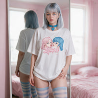 Front and back of the Yuri Tension Oversized Waifu Shirt in a mirror - oversized anime tee fit
