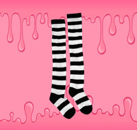 Black and White Striped Thigh High Socks by Lewd Fashion