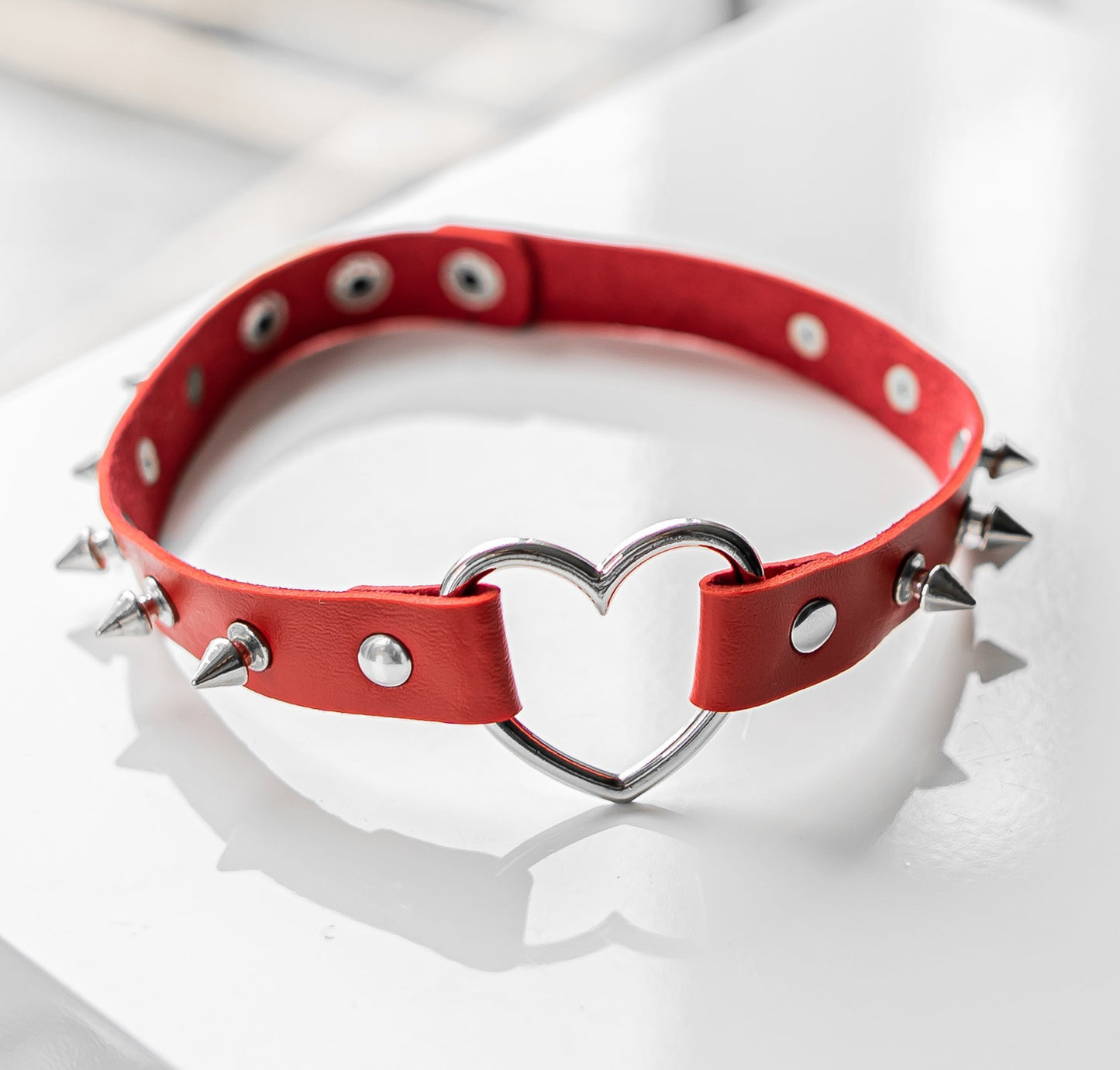 Red Spiked Heart-Shaped Choker Collar by Lewd Fashion