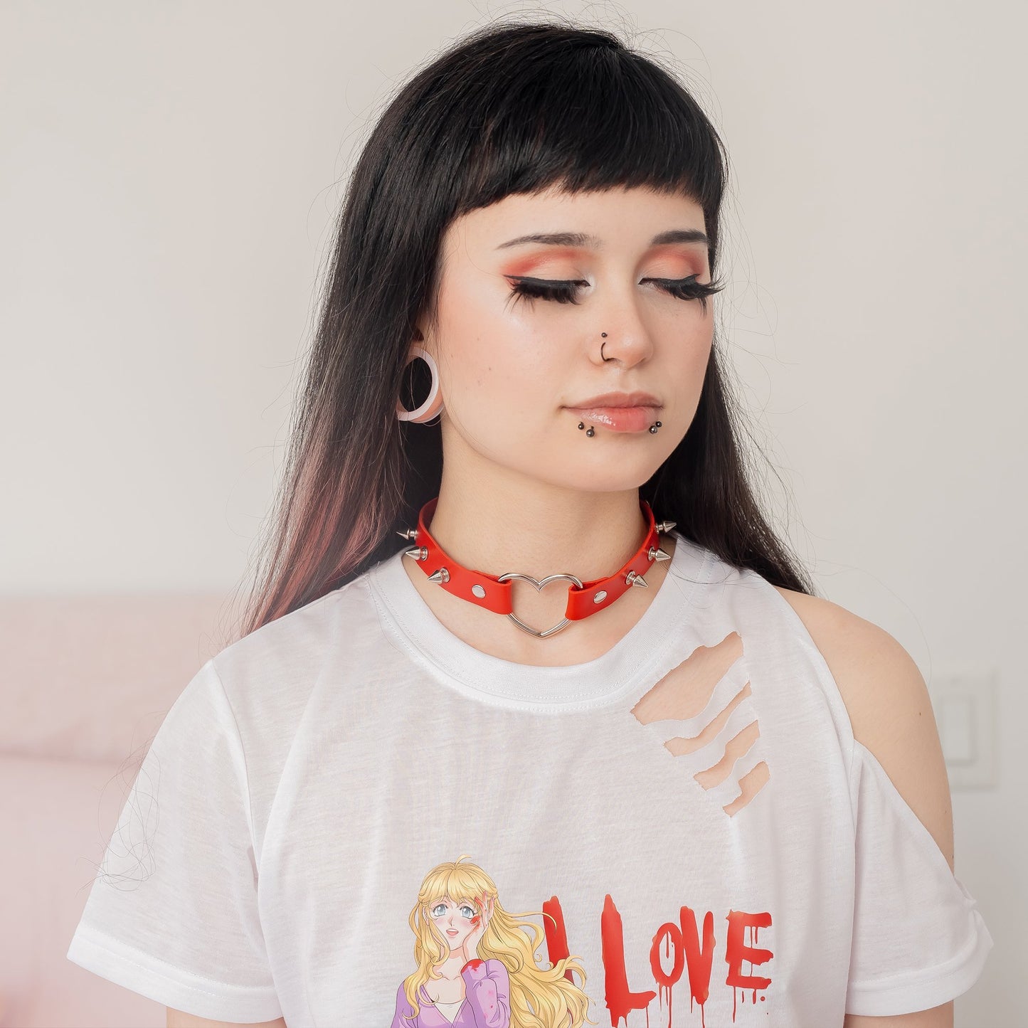 Red Spiked Heart-Shaped Choker Collar by Lewd Fashion