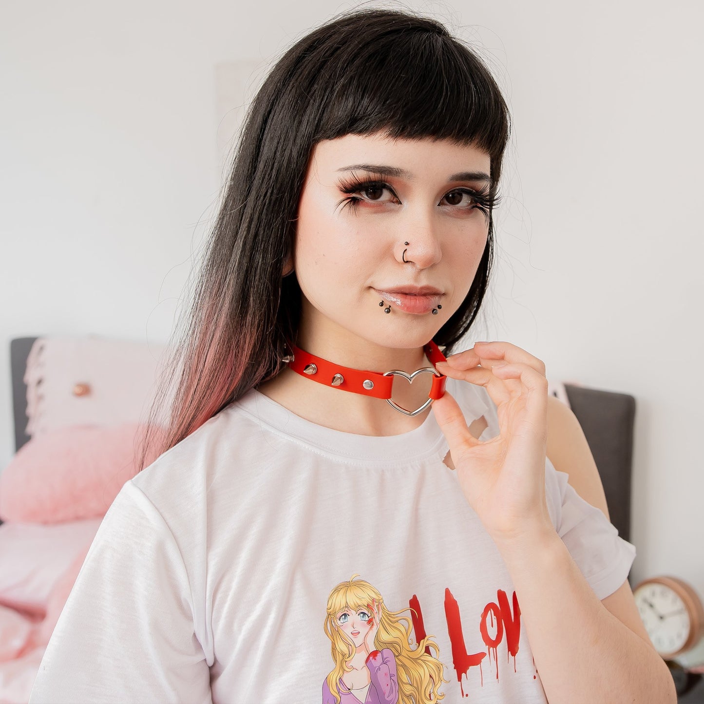 Red Spiked Heart-Shaped Choker Collar by Lewd Fashion