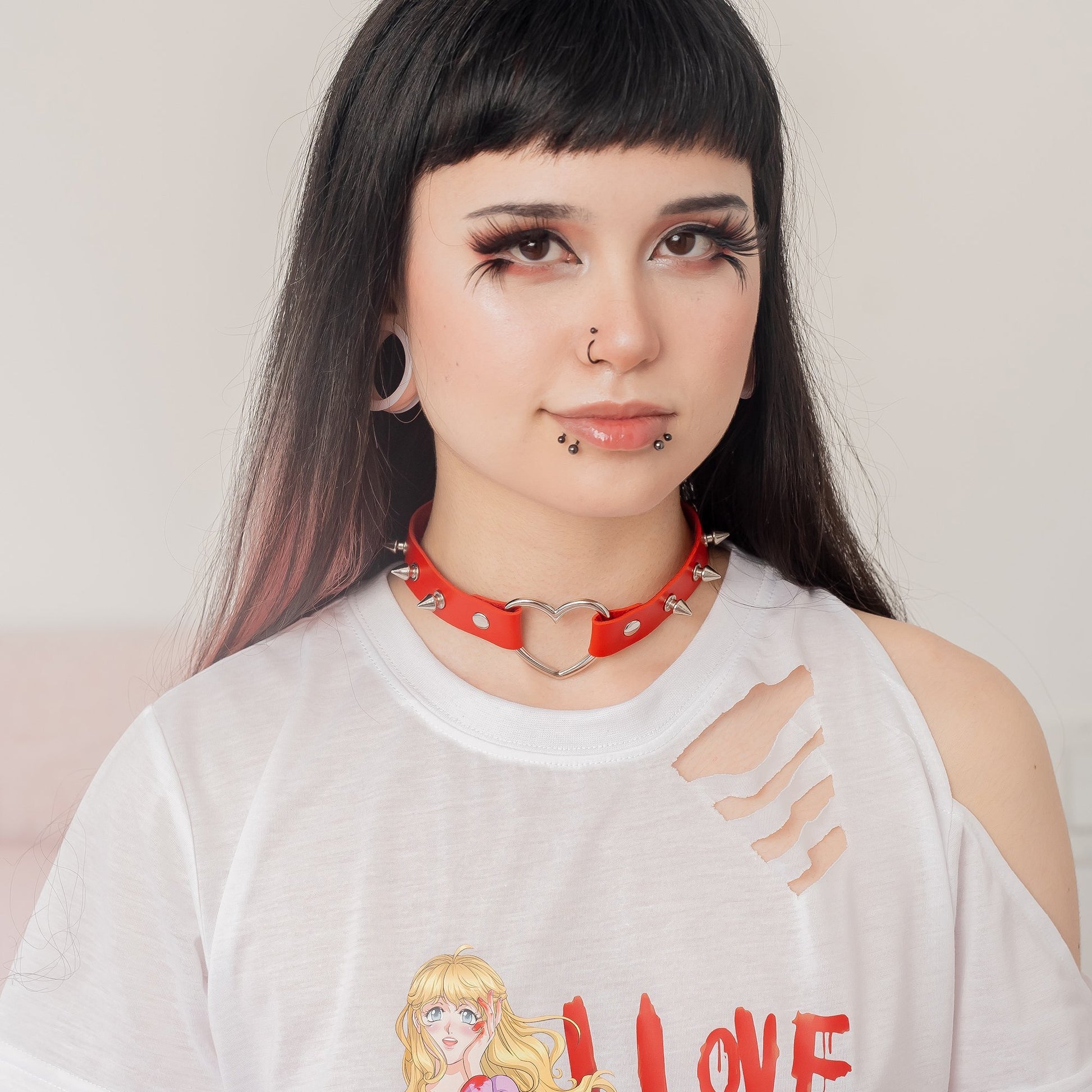 Red Spiked Heart-Shaped Choker Collar by Lewd Fashion