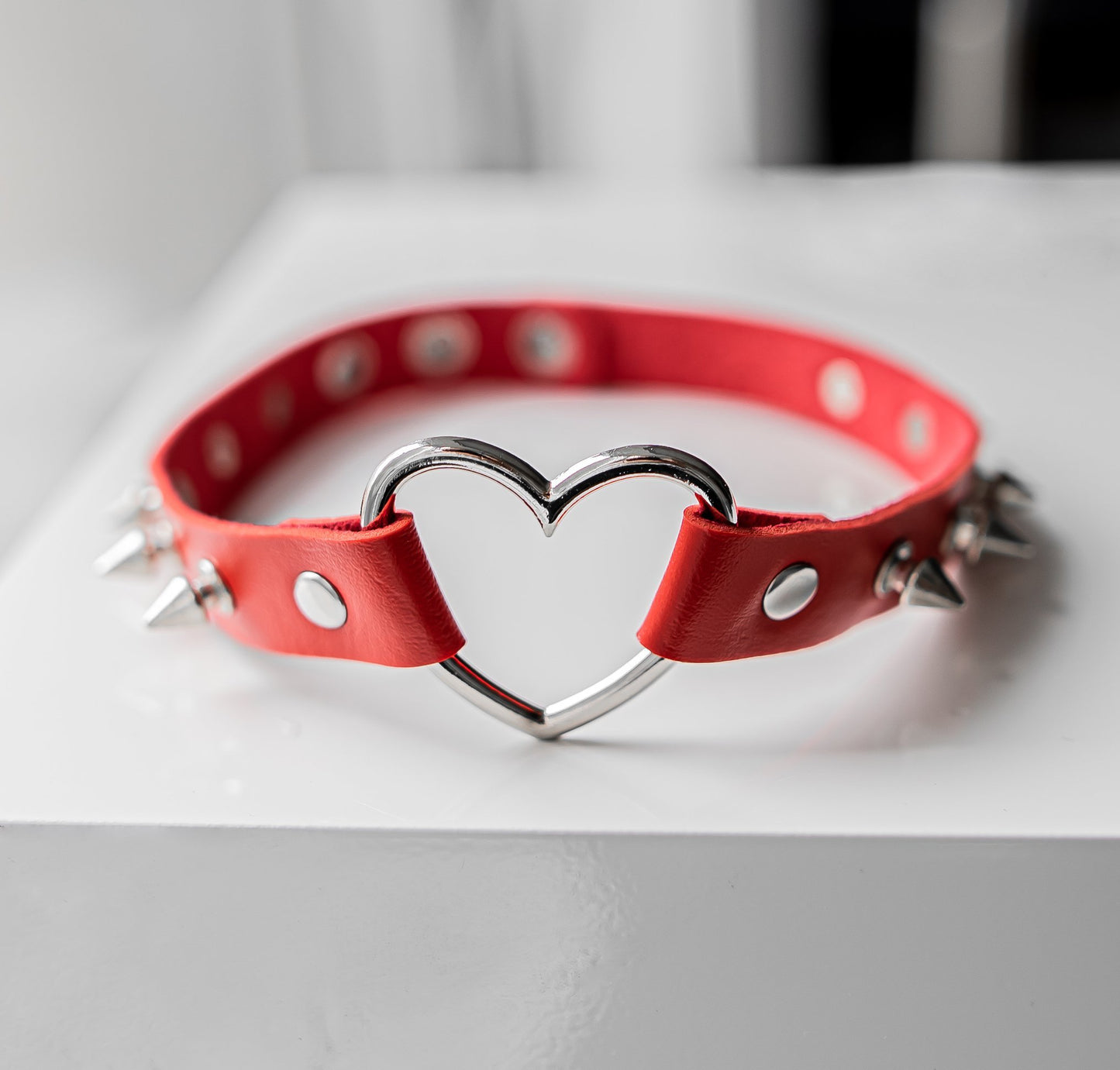 Red Spiked Heart-Shaped Choker Collar by Lewd Fashion