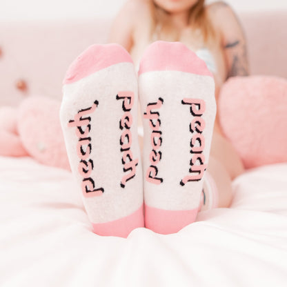 Peach Print Nylon Socks by Lewd Fashion