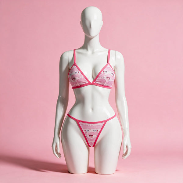 Ahegao Face Bikini | Pink Mesh Anime Swimwear Set