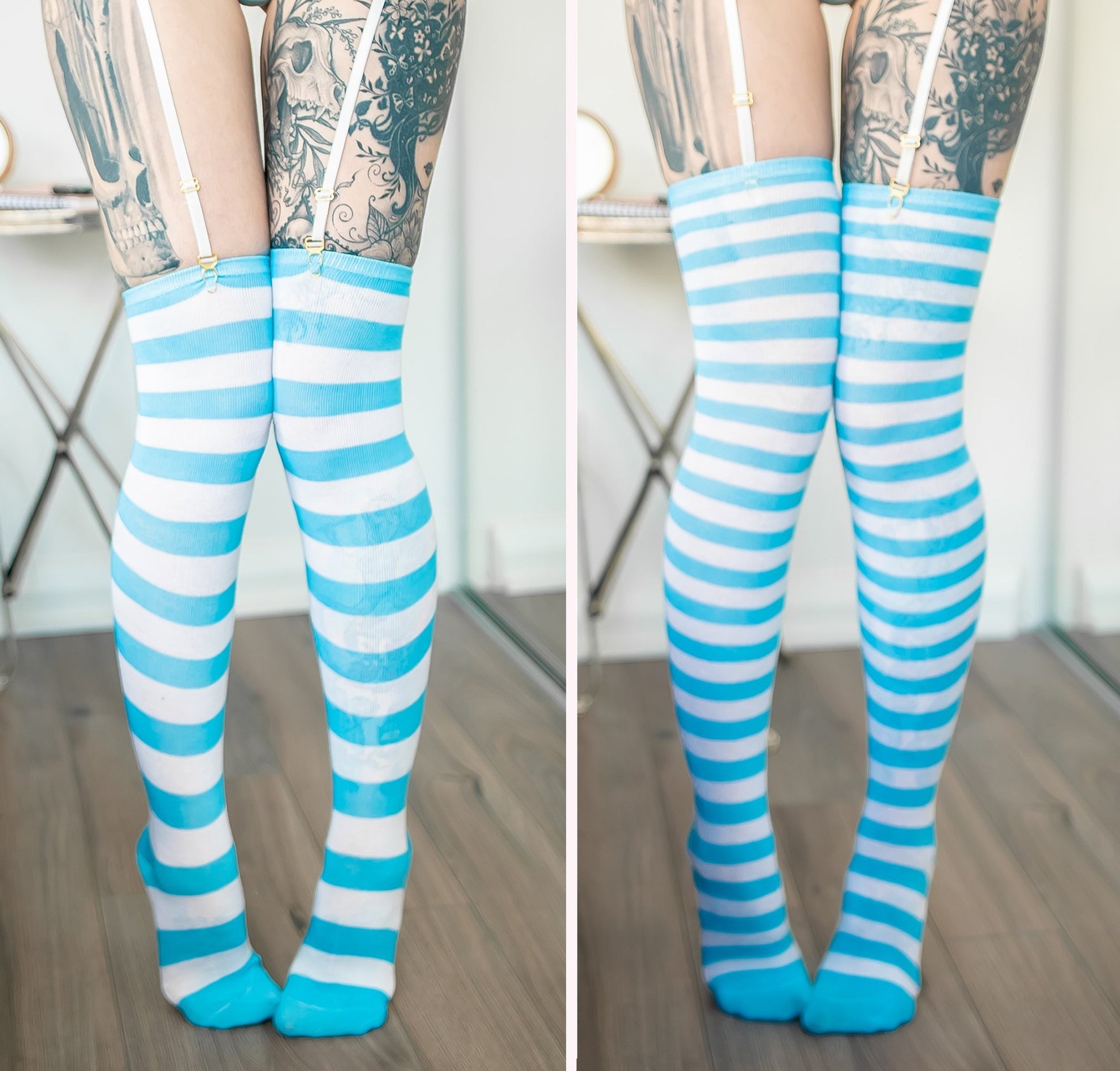Blue Striped Thigh High Socks by Lewd Fashion