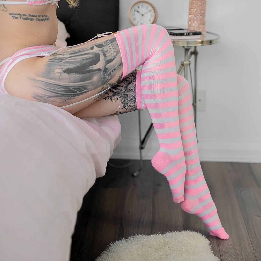 Pink Striped Thigh High Socks by Lewd Fashion
