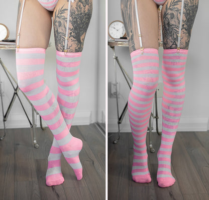 Pink Striped Thigh High Socks by Lewd Fashion