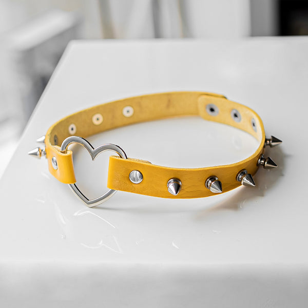 Yellow Spiked Heart-Shaped Choker Collar - Lewd Fashion