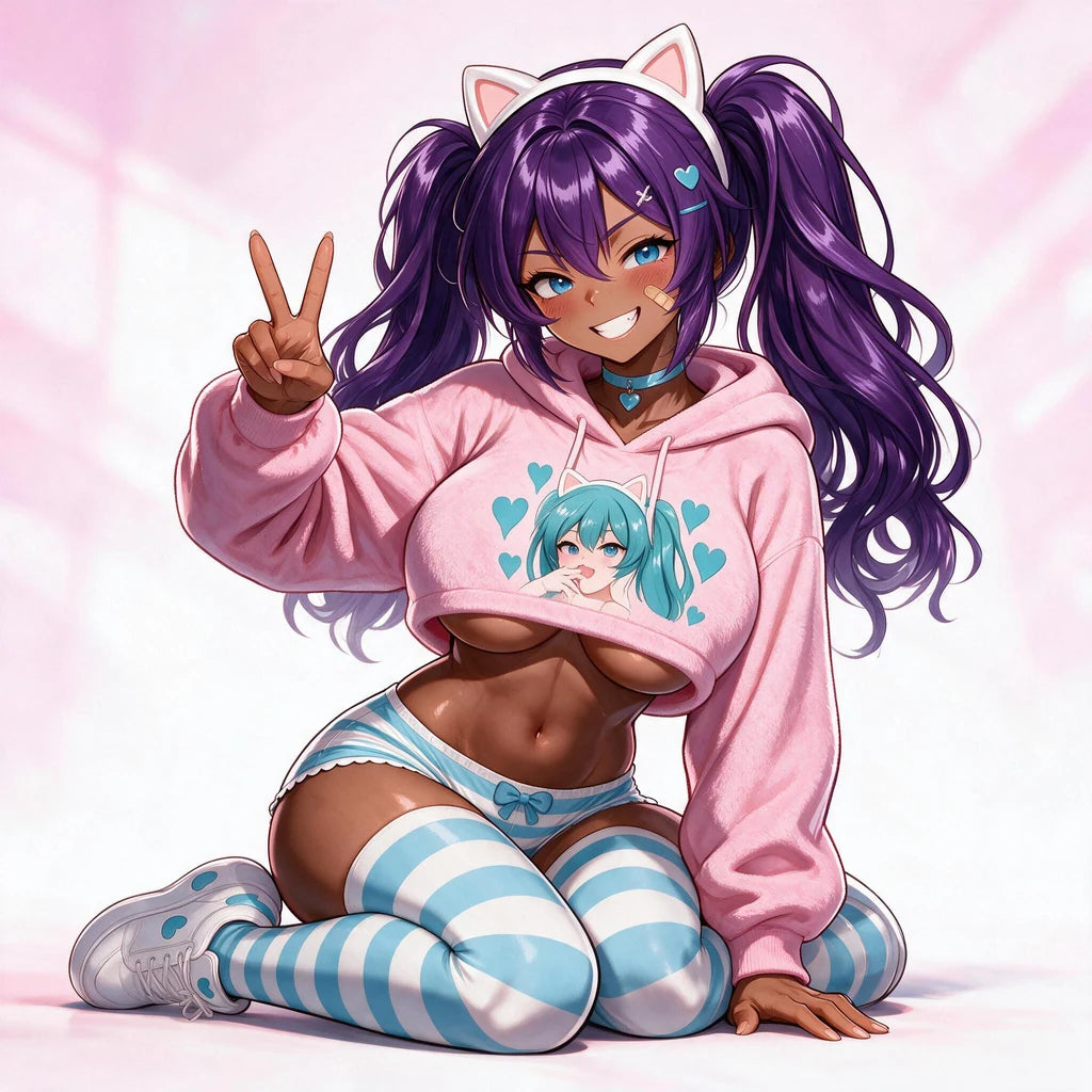 Nami in her Clout Queens fit — the pink hoodie, the striped thigh-highs, all real products