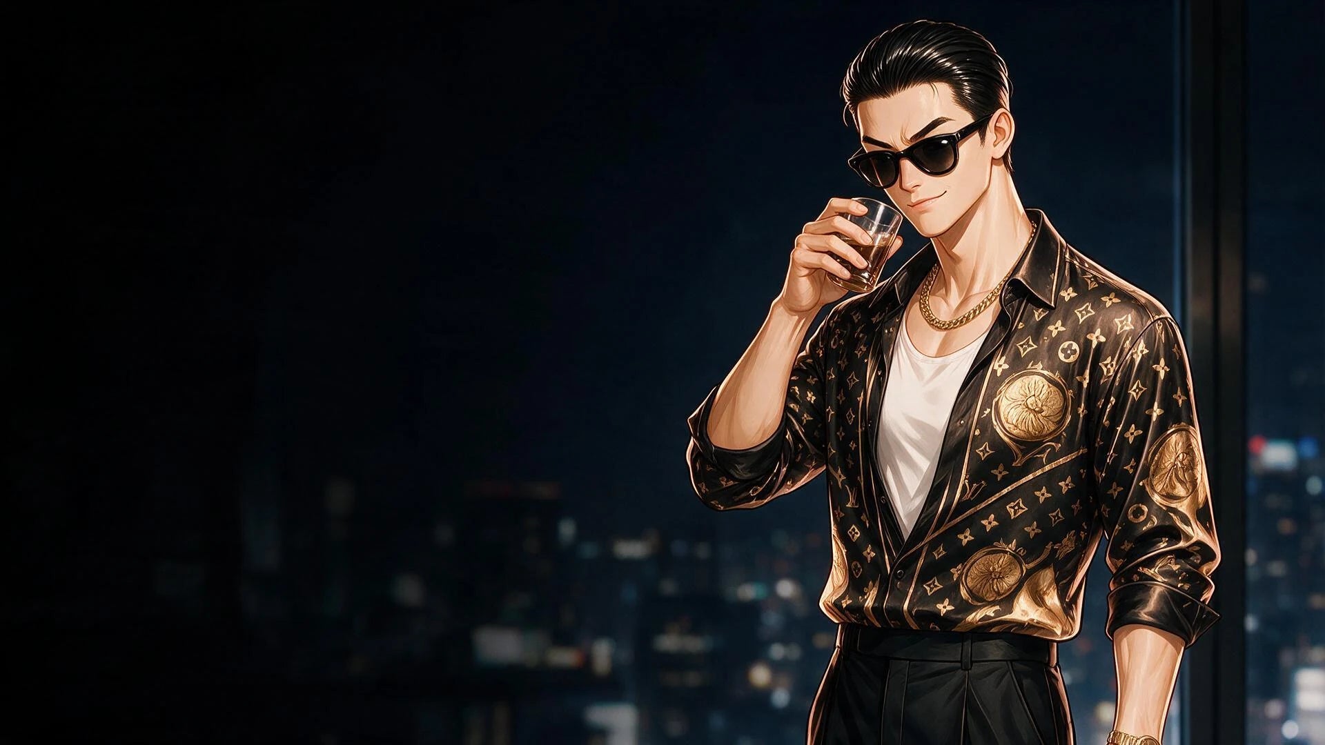 Rizz Lord, the final boss of Clout Queens — designer fit, sunglasses indoors