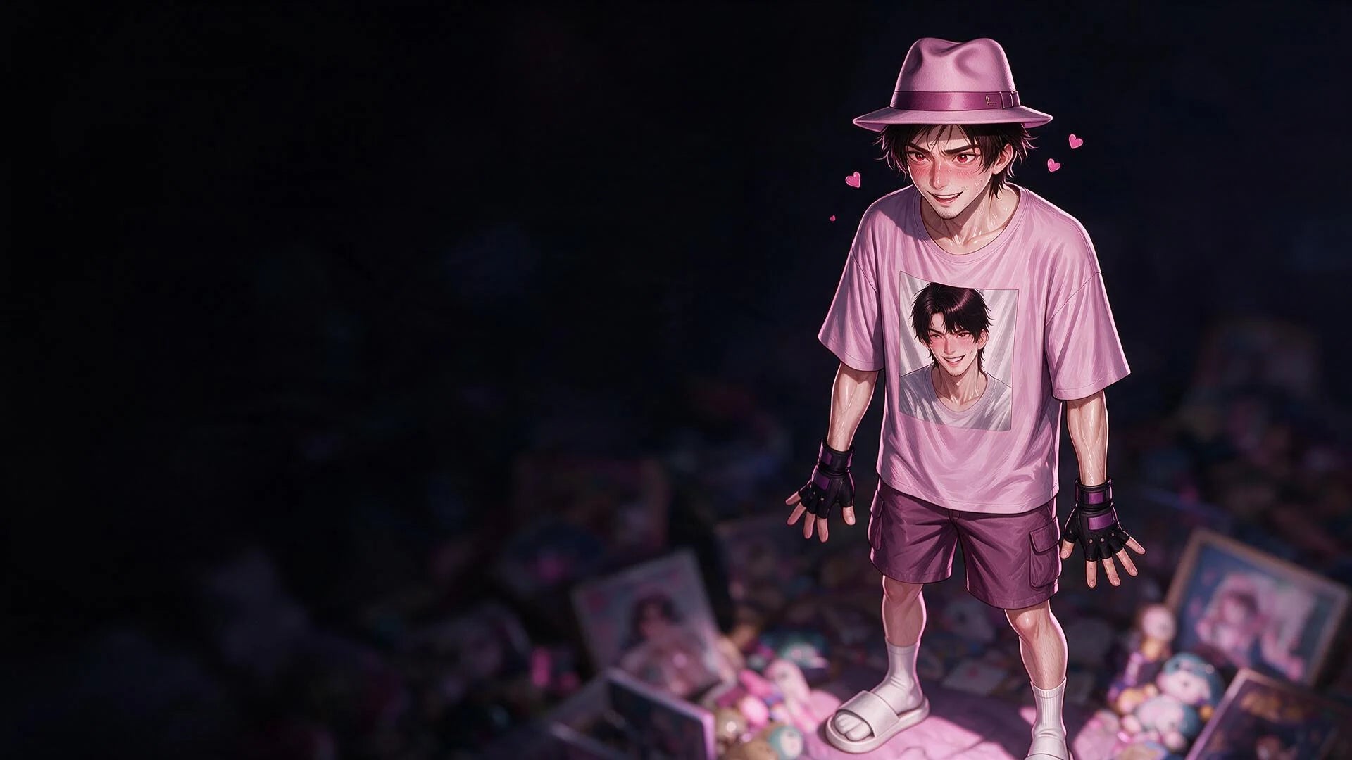 Master Simp, the semi-final boss of Clout Queens — fedora and husbando merch